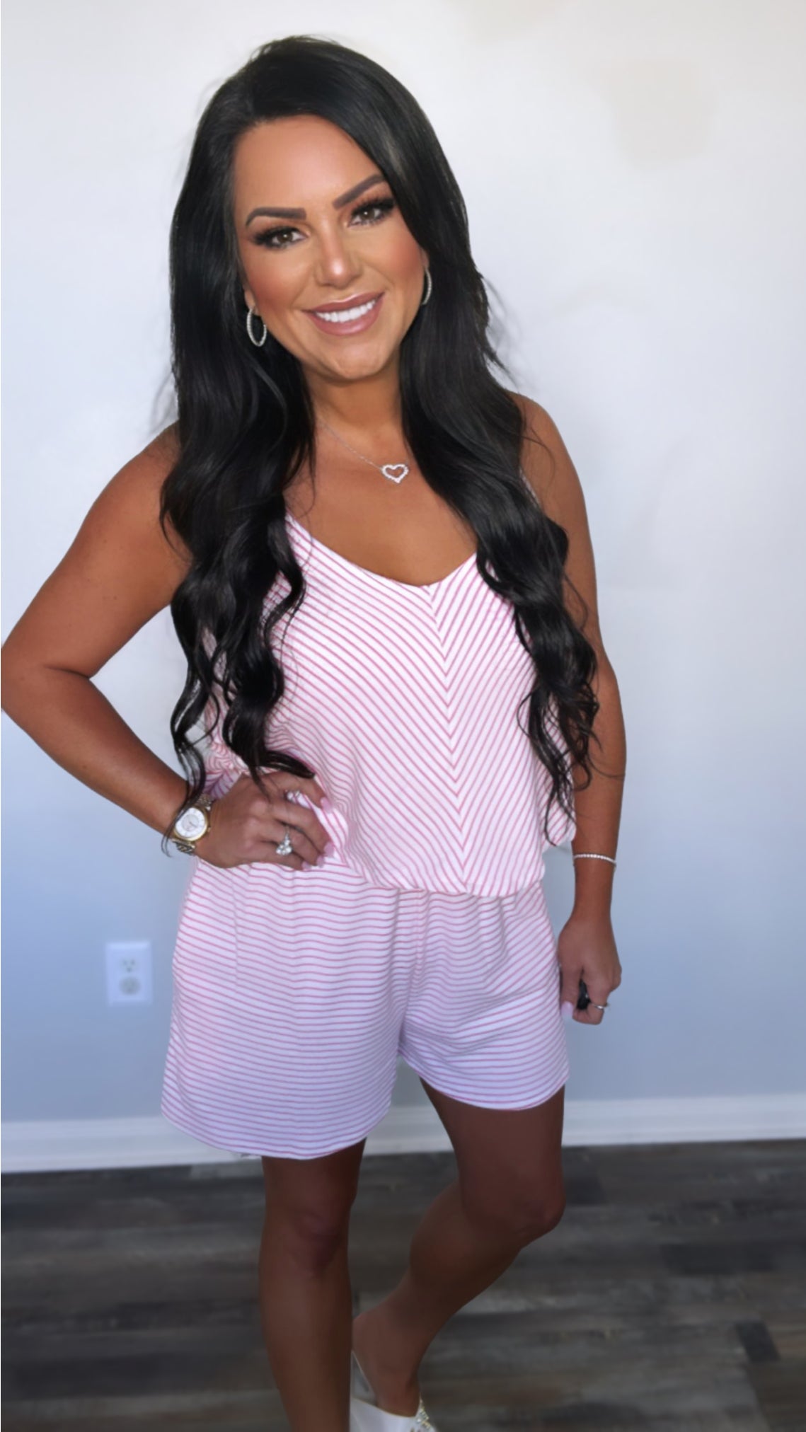 Waterfall Double Flare Striped Romper in Pink