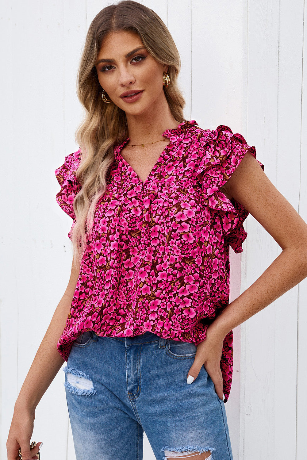 Winnie Floral Flutter Sleeve Notched Neck Blouse (Copy)
