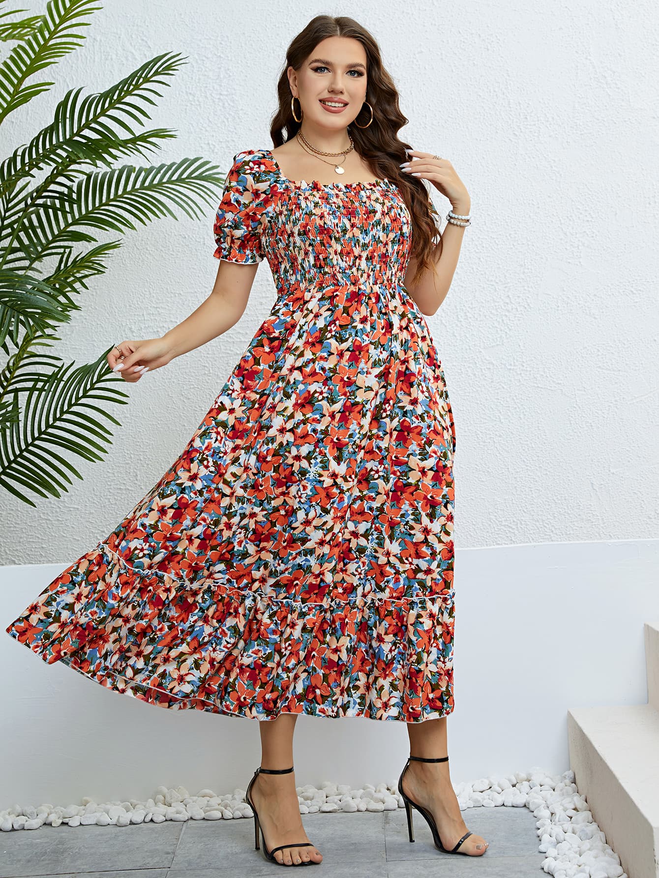 Gemma Plus Size Floral Smocked Square Neck Dress (Copy)