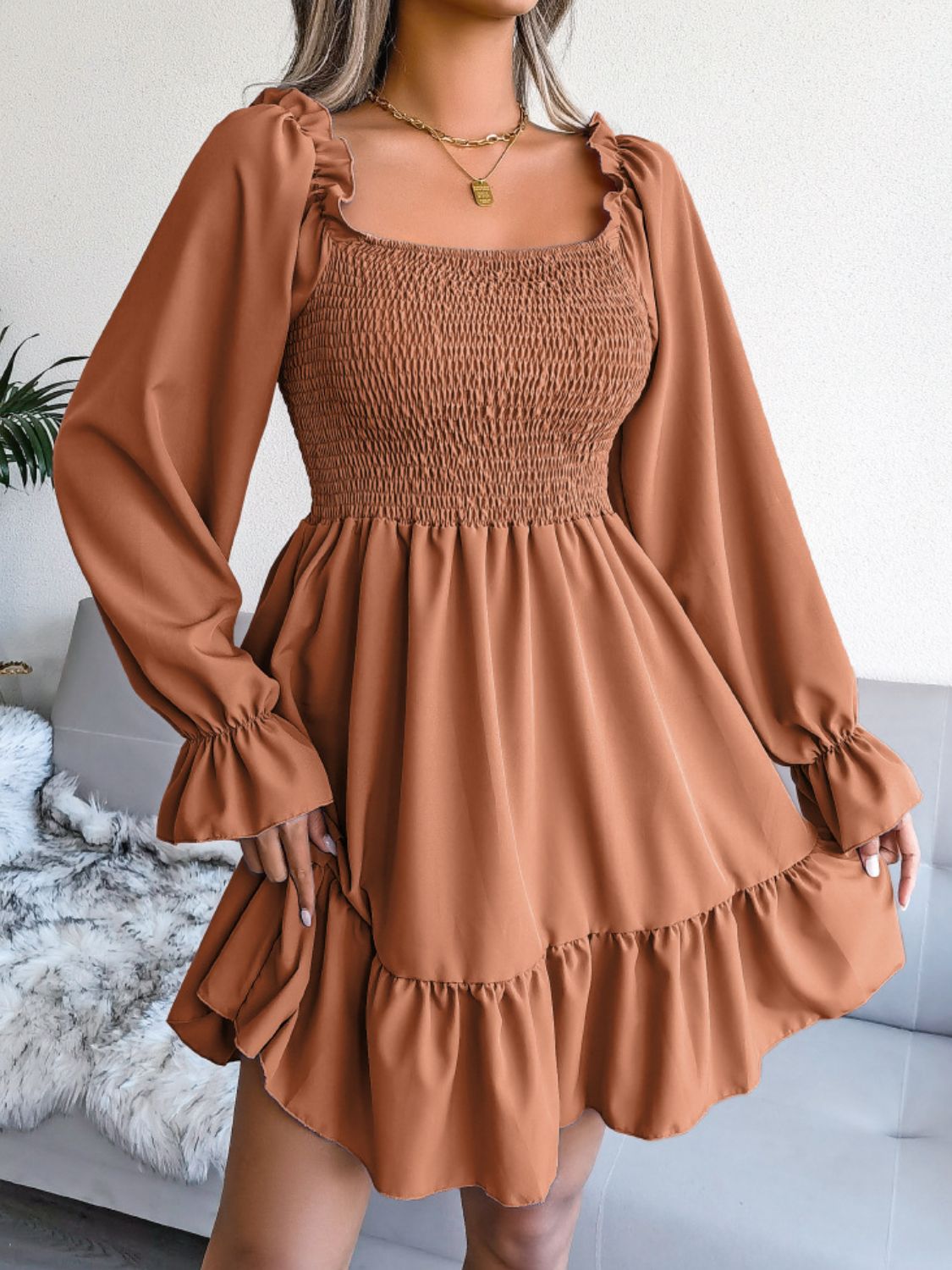 Hilary Smocked Flounce Sleeve Square Neck Dress (Copy)