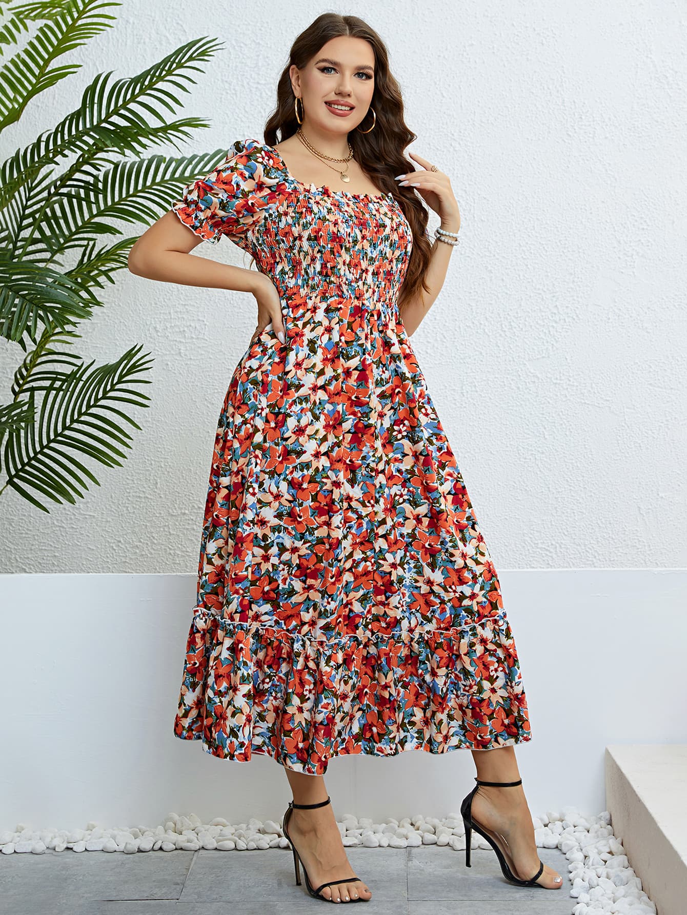 Gemma Plus Size Floral Smocked Square Neck Dress (Copy)