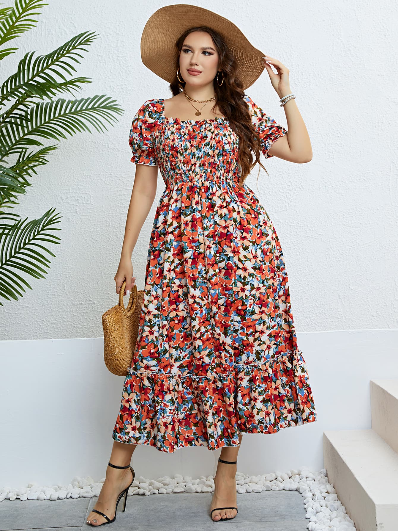 Gemma Plus Size Floral Smocked Square Neck Dress (Copy)