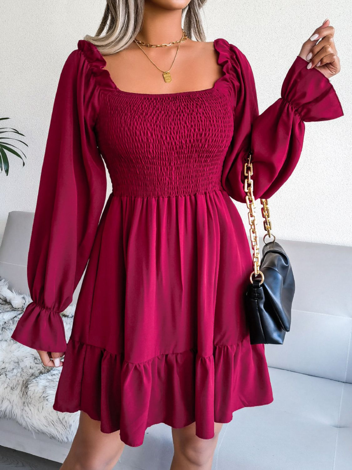 Hilary Smocked Flounce Sleeve Square Neck Dress (Copy)