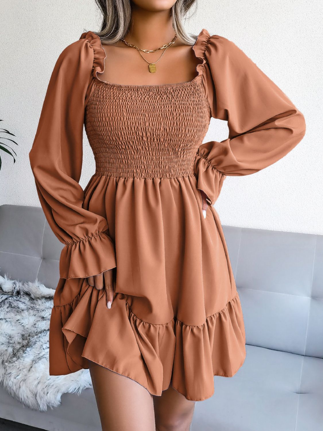 Hilary Smocked Flounce Sleeve Square Neck Dress (Copy)