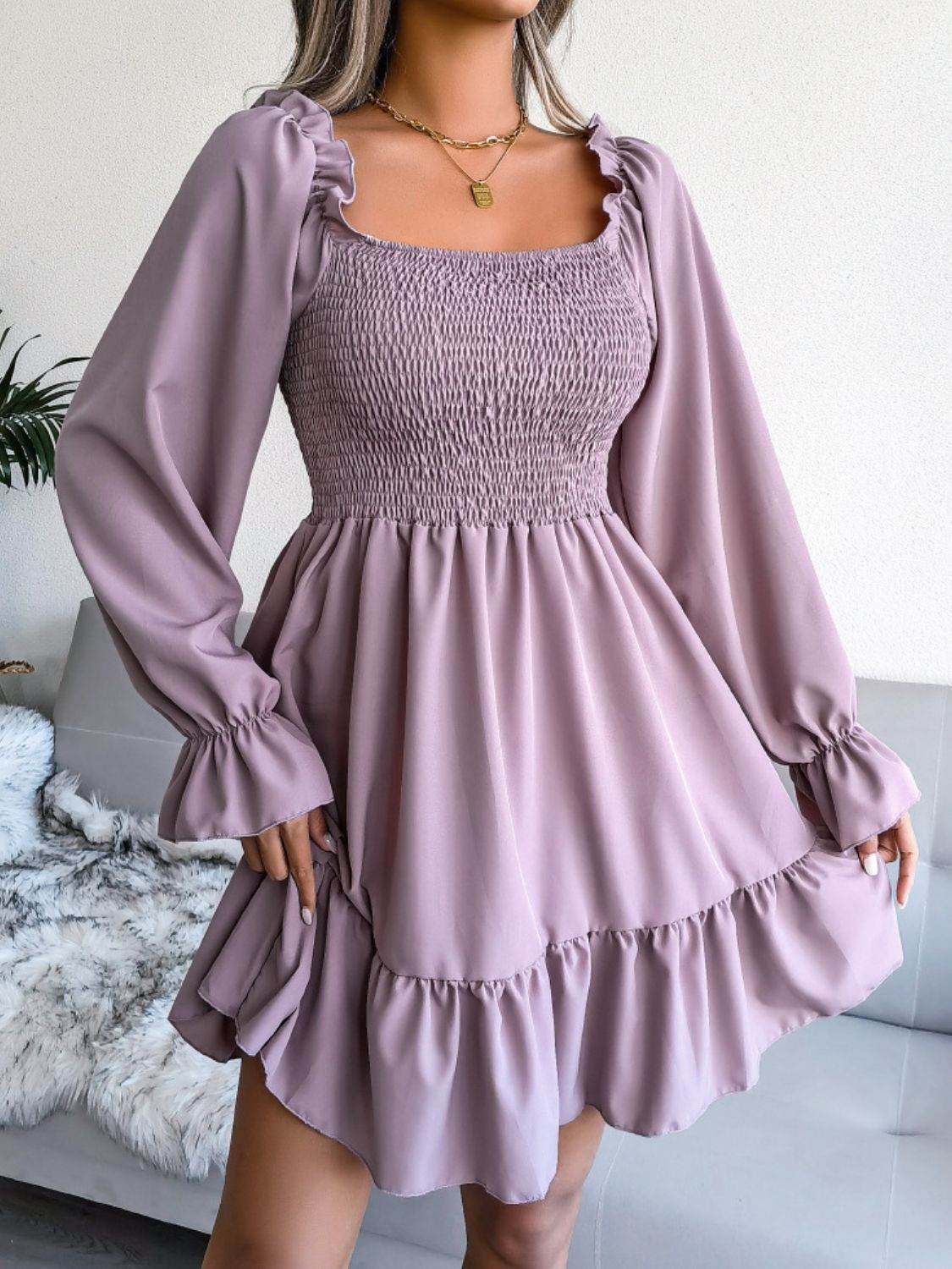 Hilary Smocked Flounce Sleeve Square Neck Dress (Copy)
