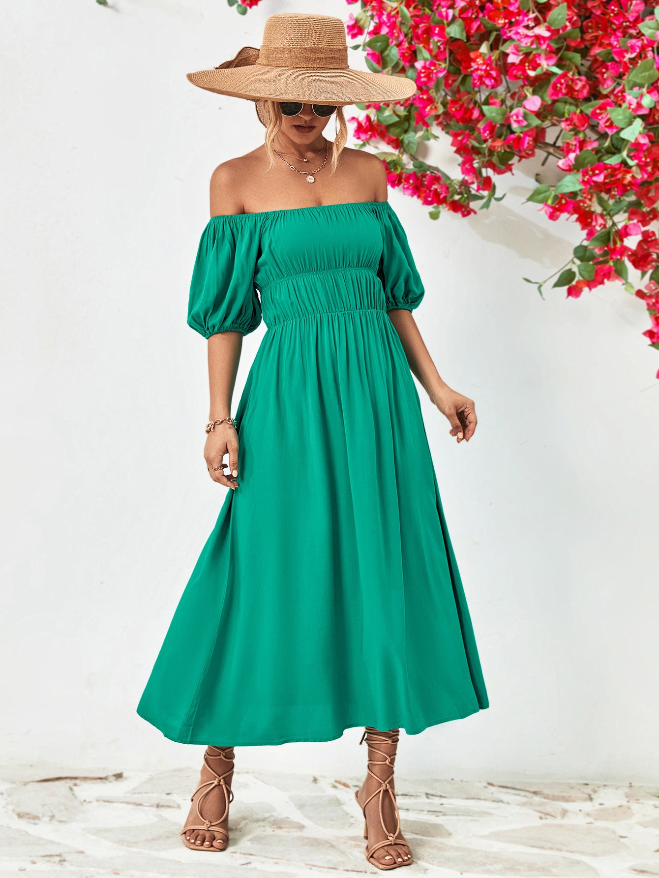 Nicola Off-Shoulder Balloon Sleeve Midi Dress (Copy)