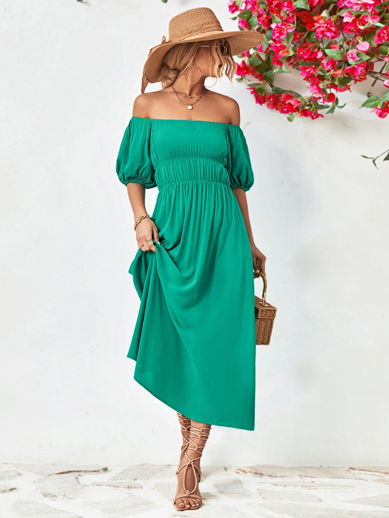 Nicola Off-Shoulder Balloon Sleeve Midi Dress (Copy)