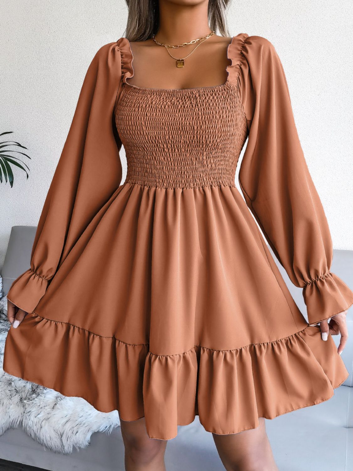 Hilary Smocked Flounce Sleeve Square Neck Dress (Copy)