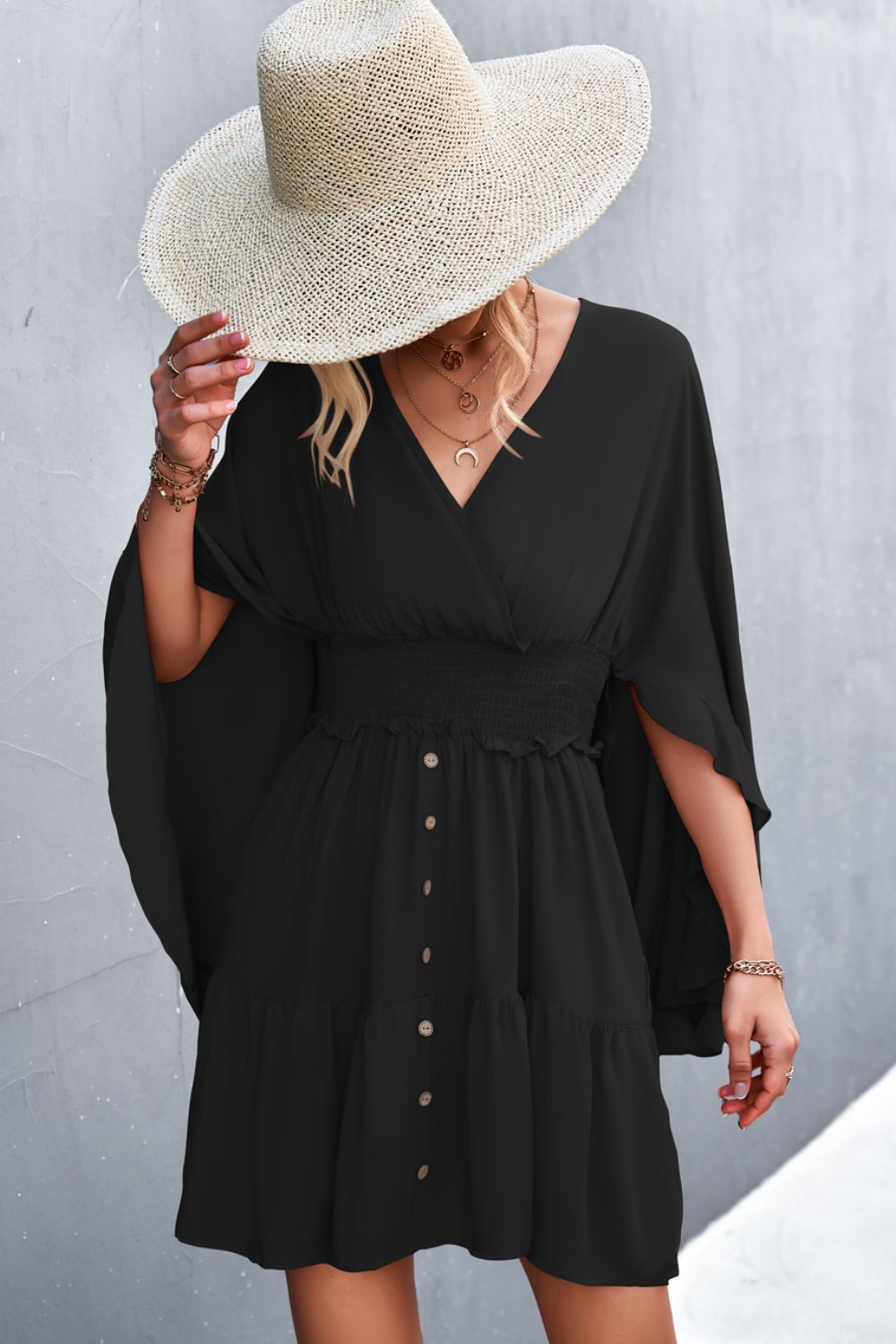 Hadley Decorative Button Smocked Waist Surplice Dress (Copy)