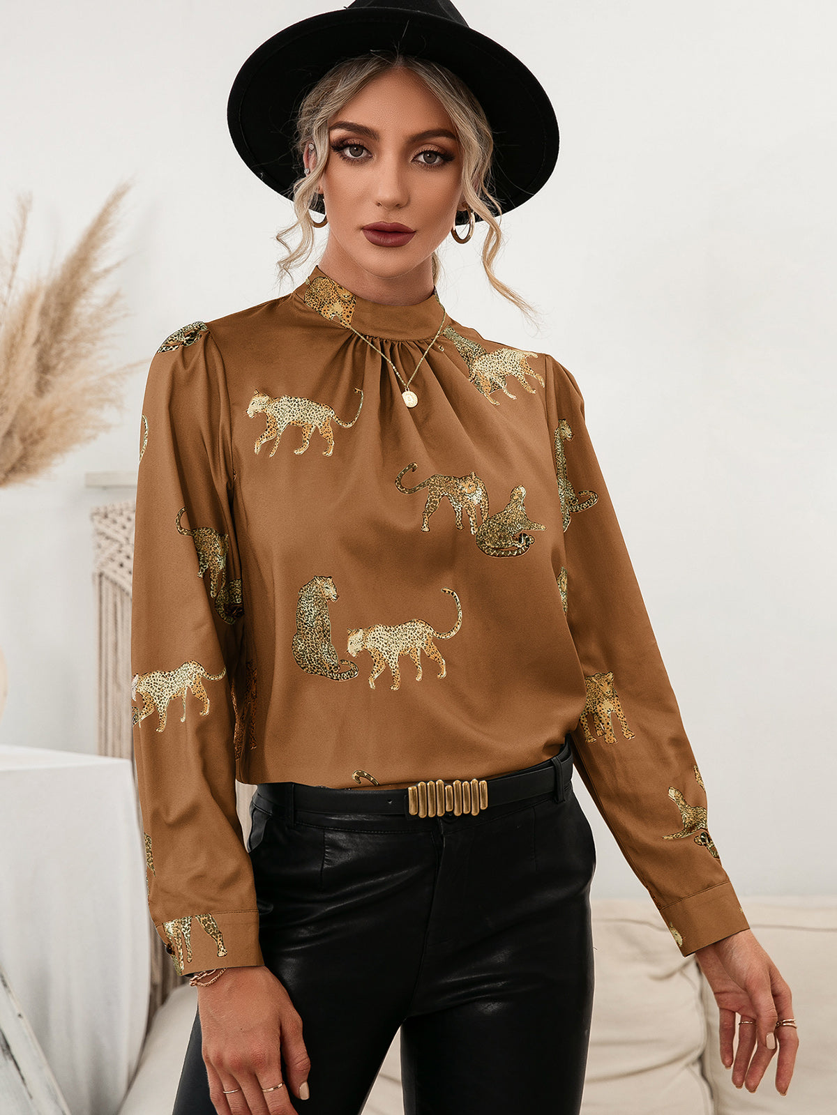 Fifi Leopard Graphic Mock Neck Puff Sleeve Blouse (Copy)
