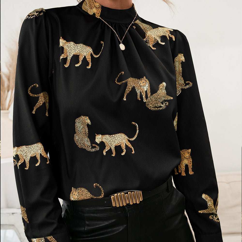 Fifi Leopard Graphic Mock Neck Puff Sleeve Blouse (Copy)