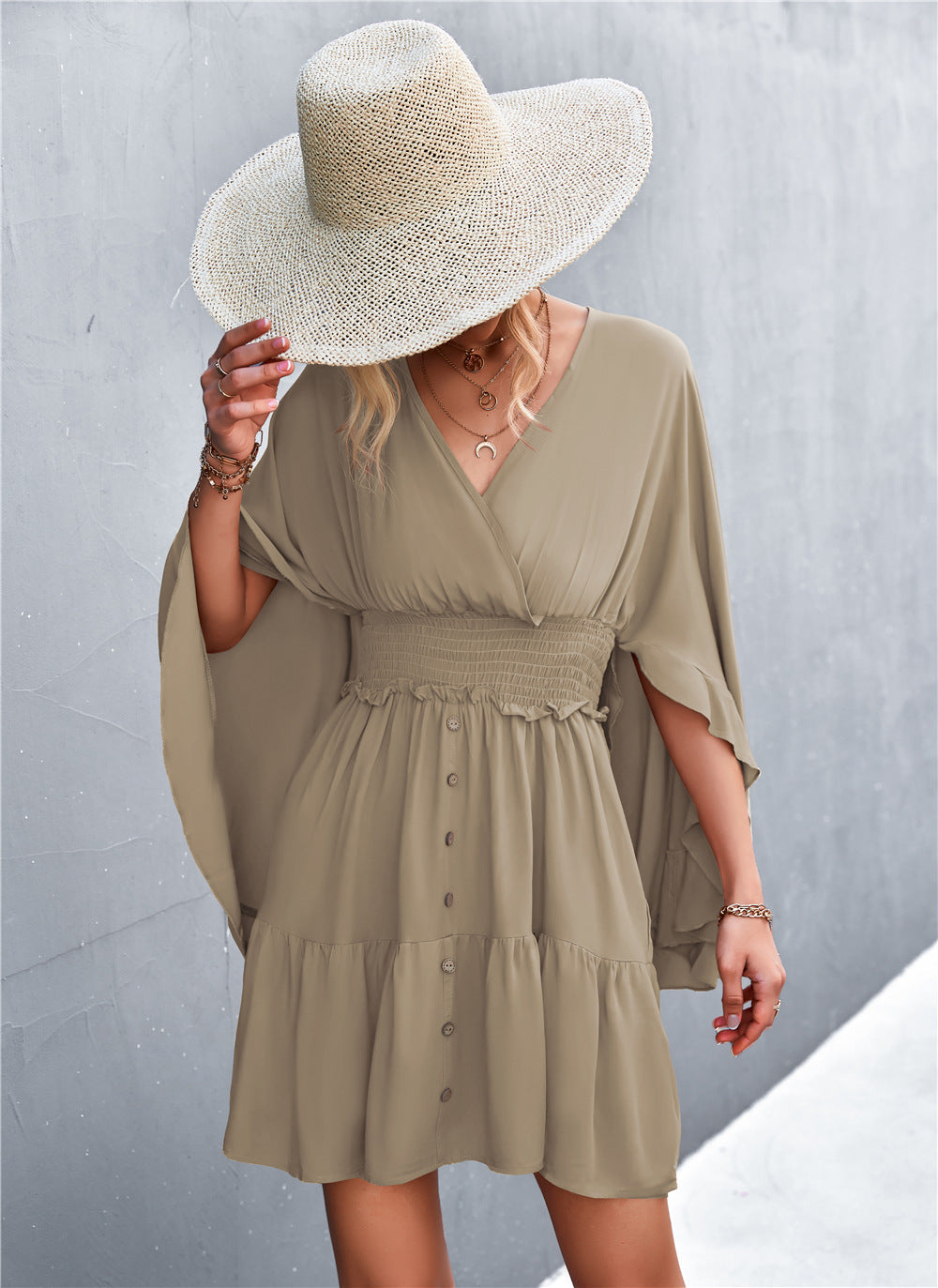 Hadley Decorative Button Smocked Waist Surplice Dress (Copy)