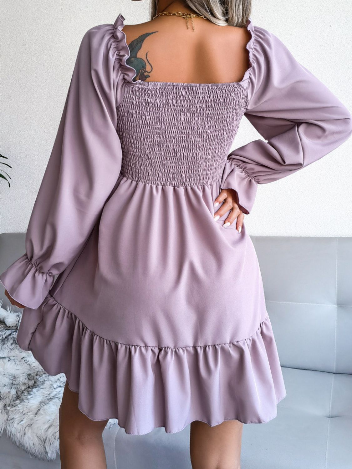 Hilary Smocked Flounce Sleeve Square Neck Dress (Copy)