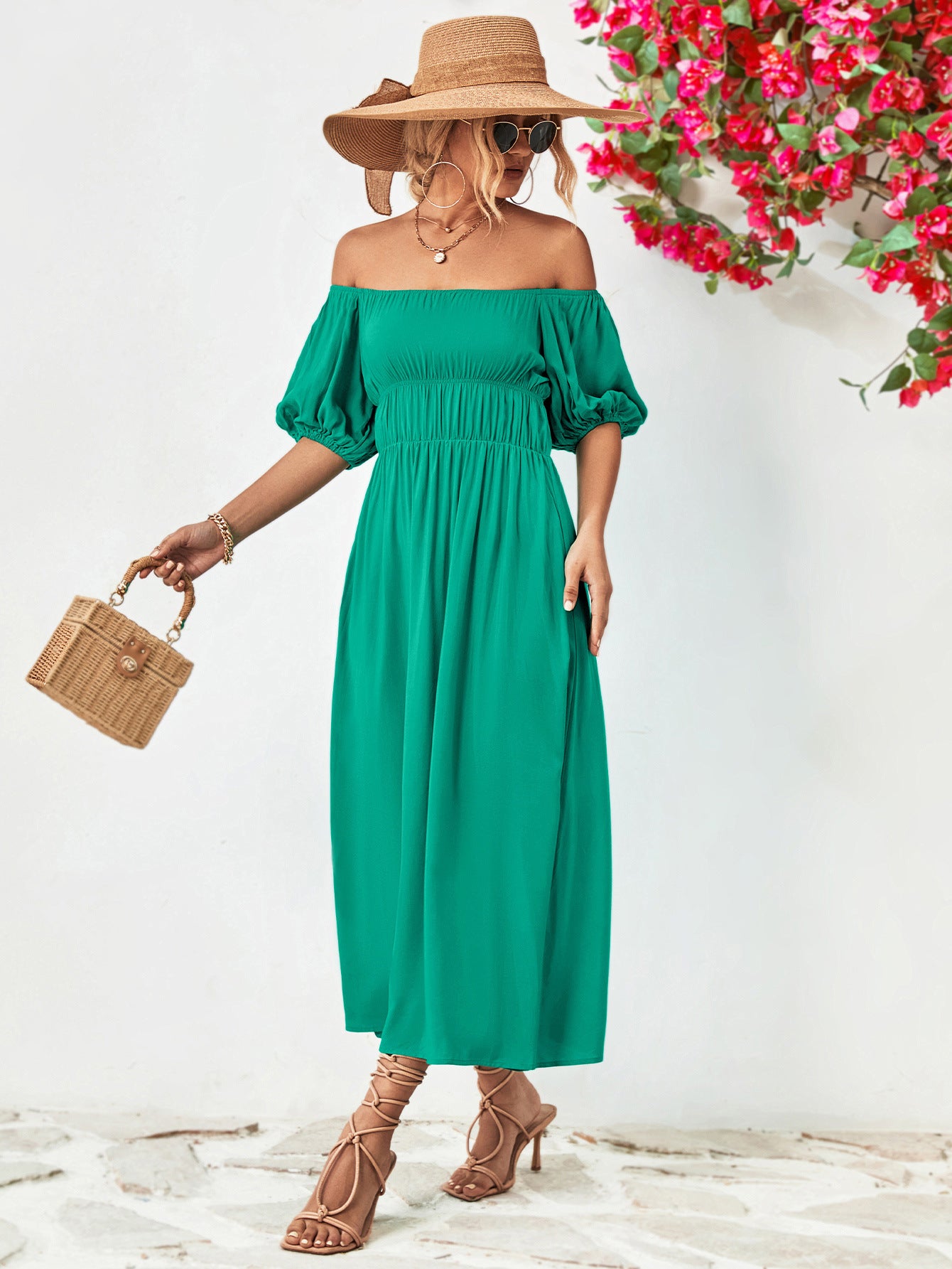 Nicola Off-Shoulder Balloon Sleeve Midi Dress (Copy)