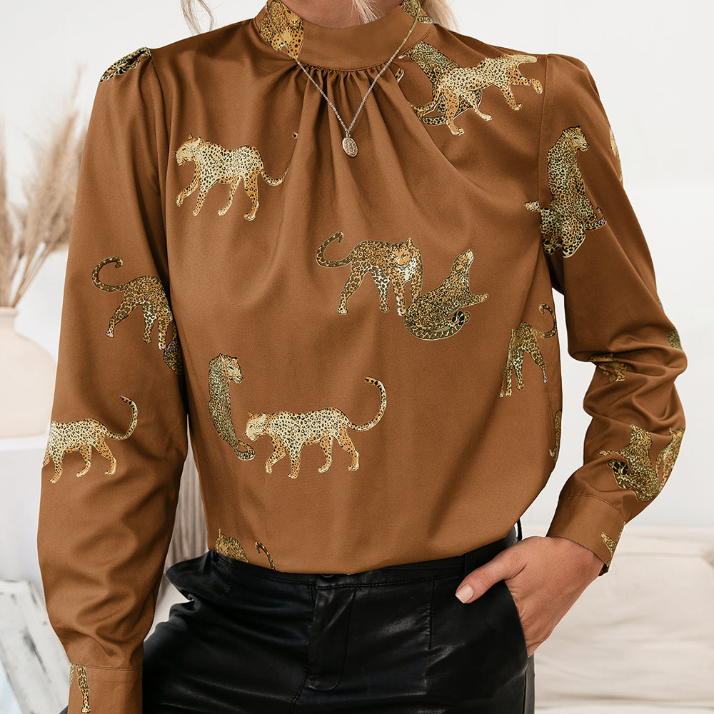 Fifi Leopard Graphic Mock Neck Puff Sleeve Blouse (Copy)