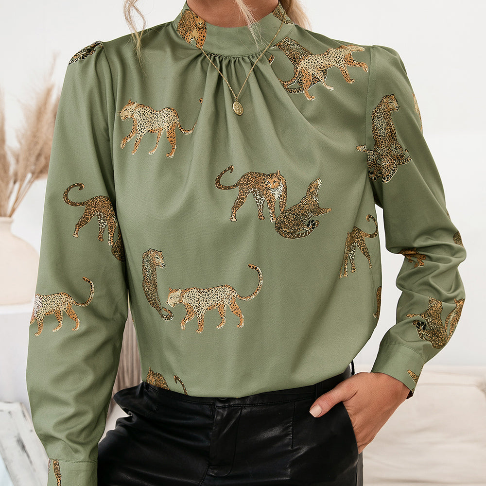 Fifi Leopard Graphic Mock Neck Puff Sleeve Blouse (Copy)