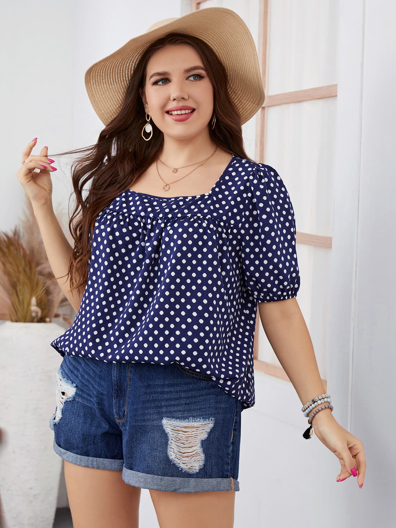 Henley Plus Size Polka Dot Square Neck Blouse (Copy)