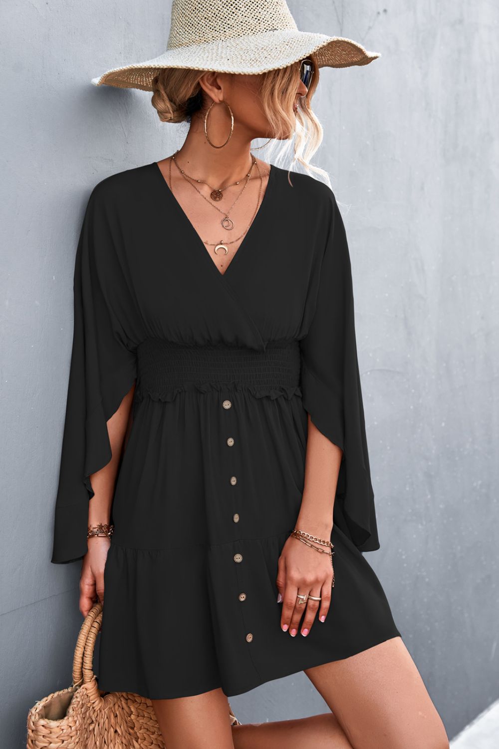 Hadley Decorative Button Smocked Waist Surplice Dress (Copy)