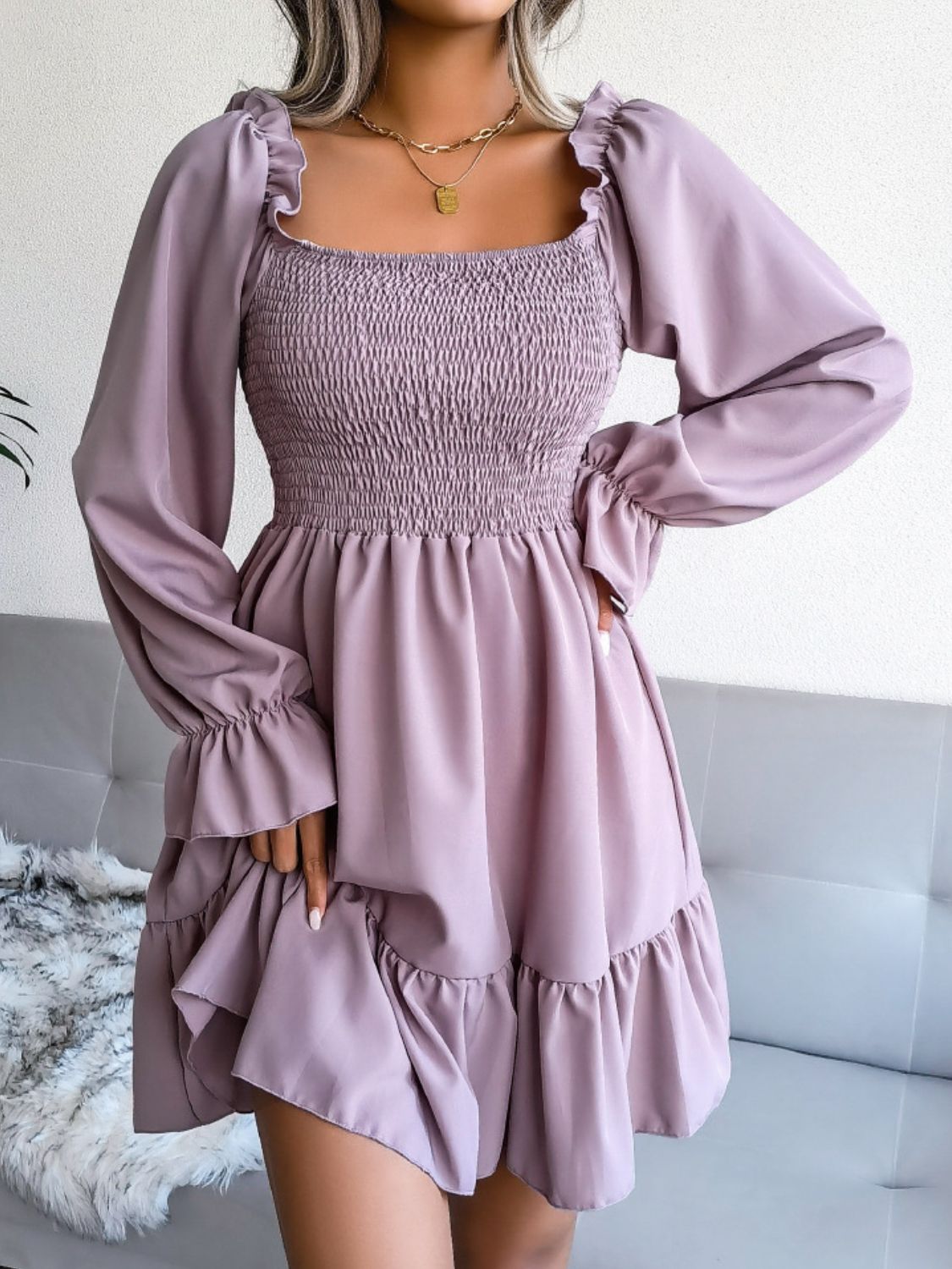 Hilary Smocked Flounce Sleeve Square Neck Dress (Copy)