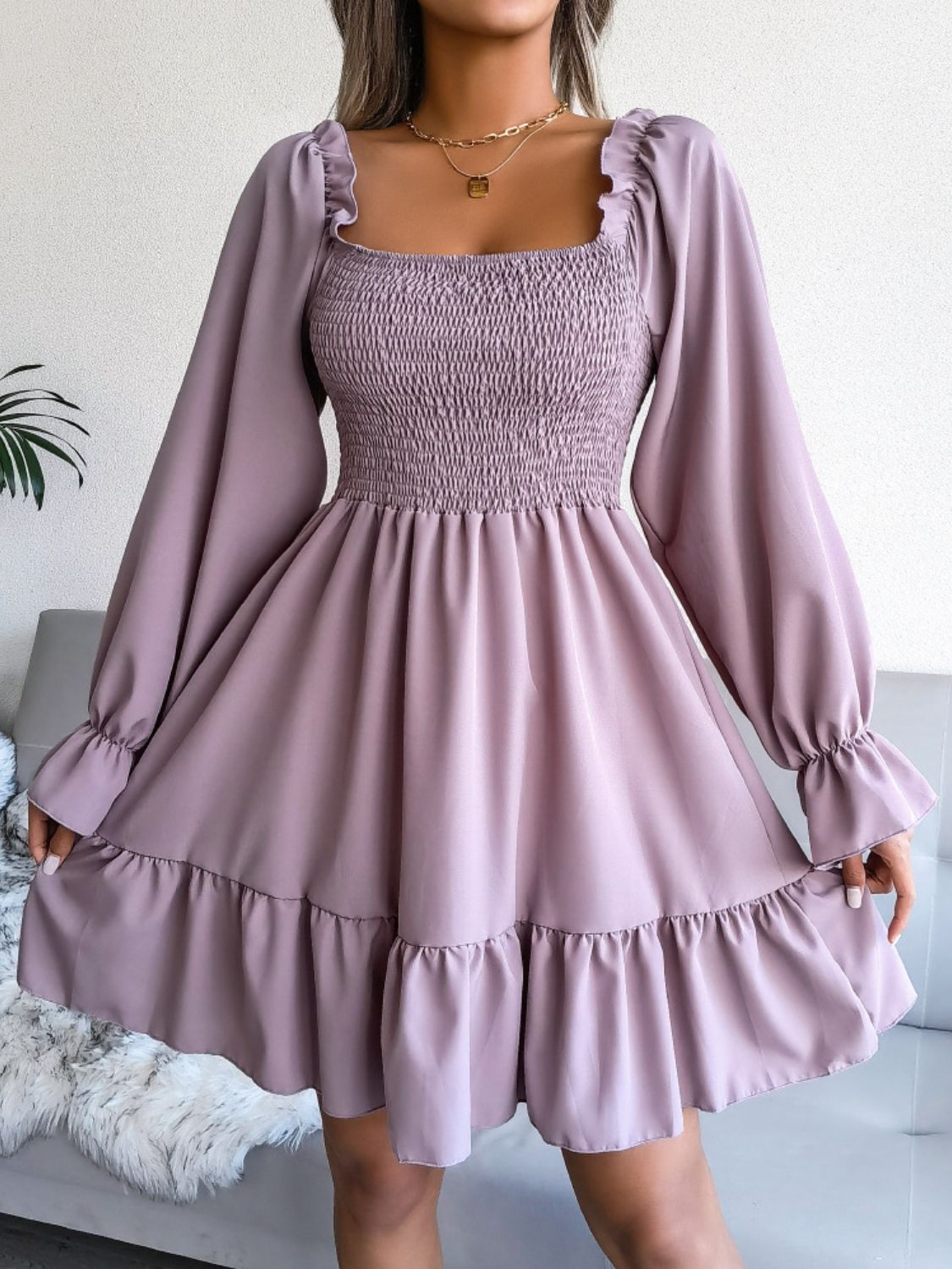 Hilary Smocked Flounce Sleeve Square Neck Dress (Copy)