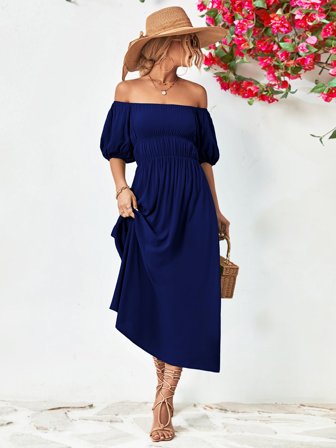 Nicola Off-Shoulder Balloon Sleeve Midi Dress (Copy)