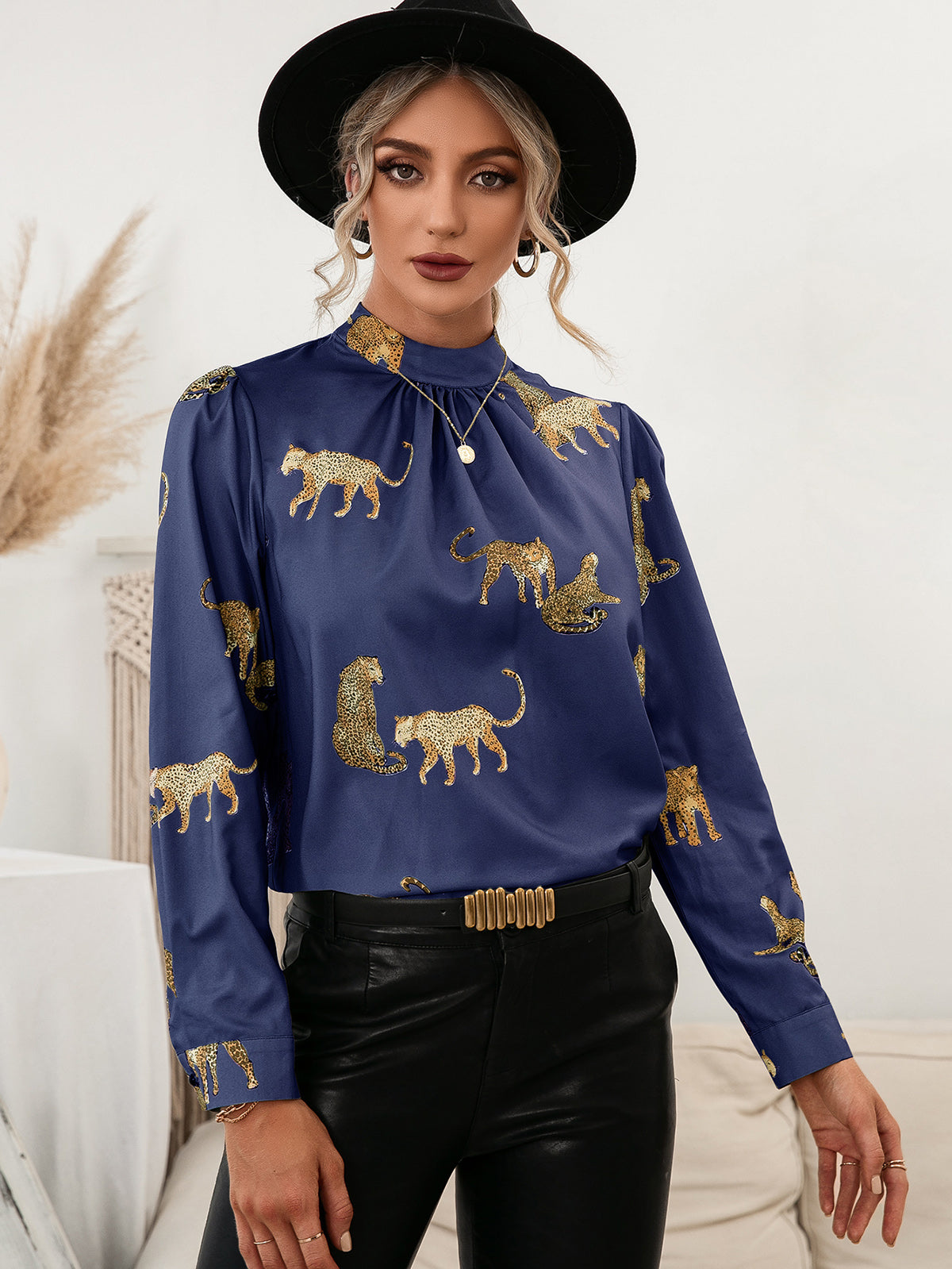 Fifi Leopard Graphic Mock Neck Puff Sleeve Blouse (Copy)