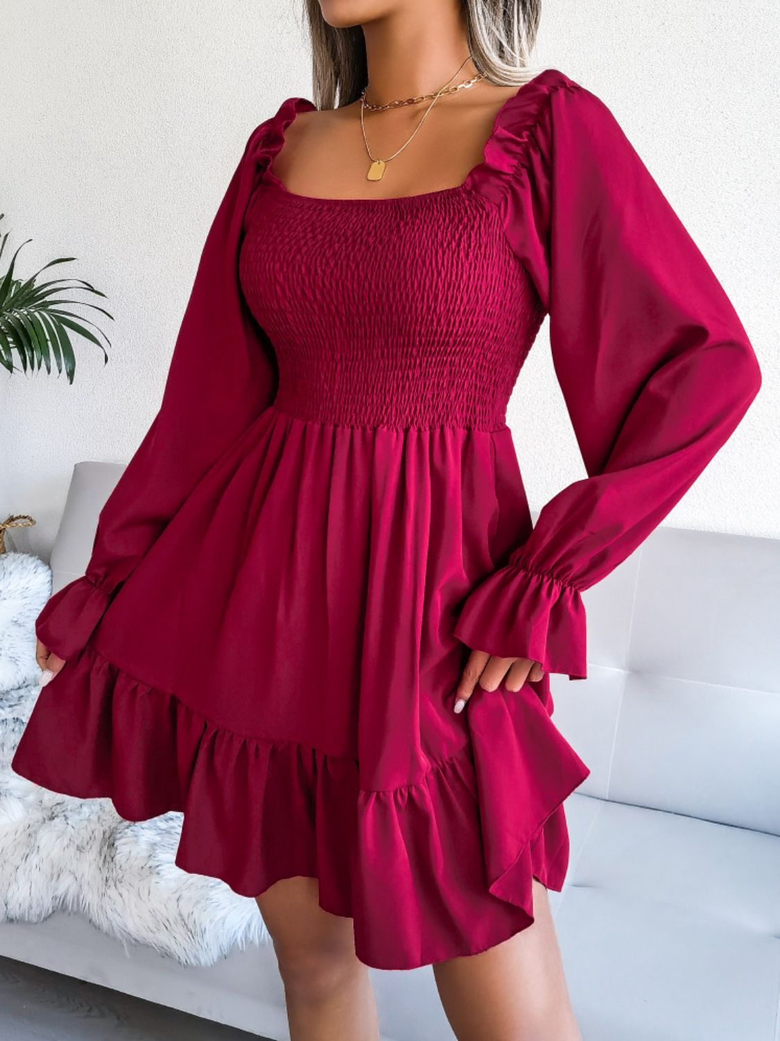 Hilary Smocked Flounce Sleeve Square Neck Dress (Copy)