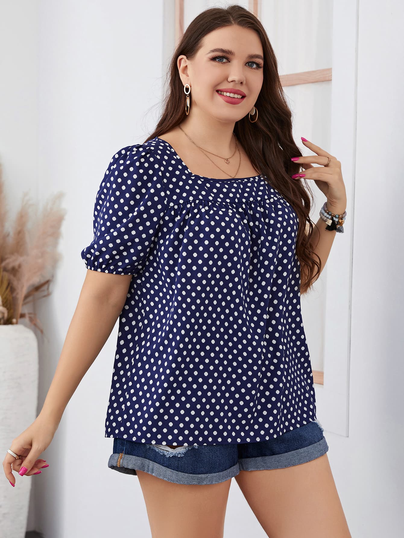 Henley Plus Size Polka Dot Square Neck Blouse (Copy)