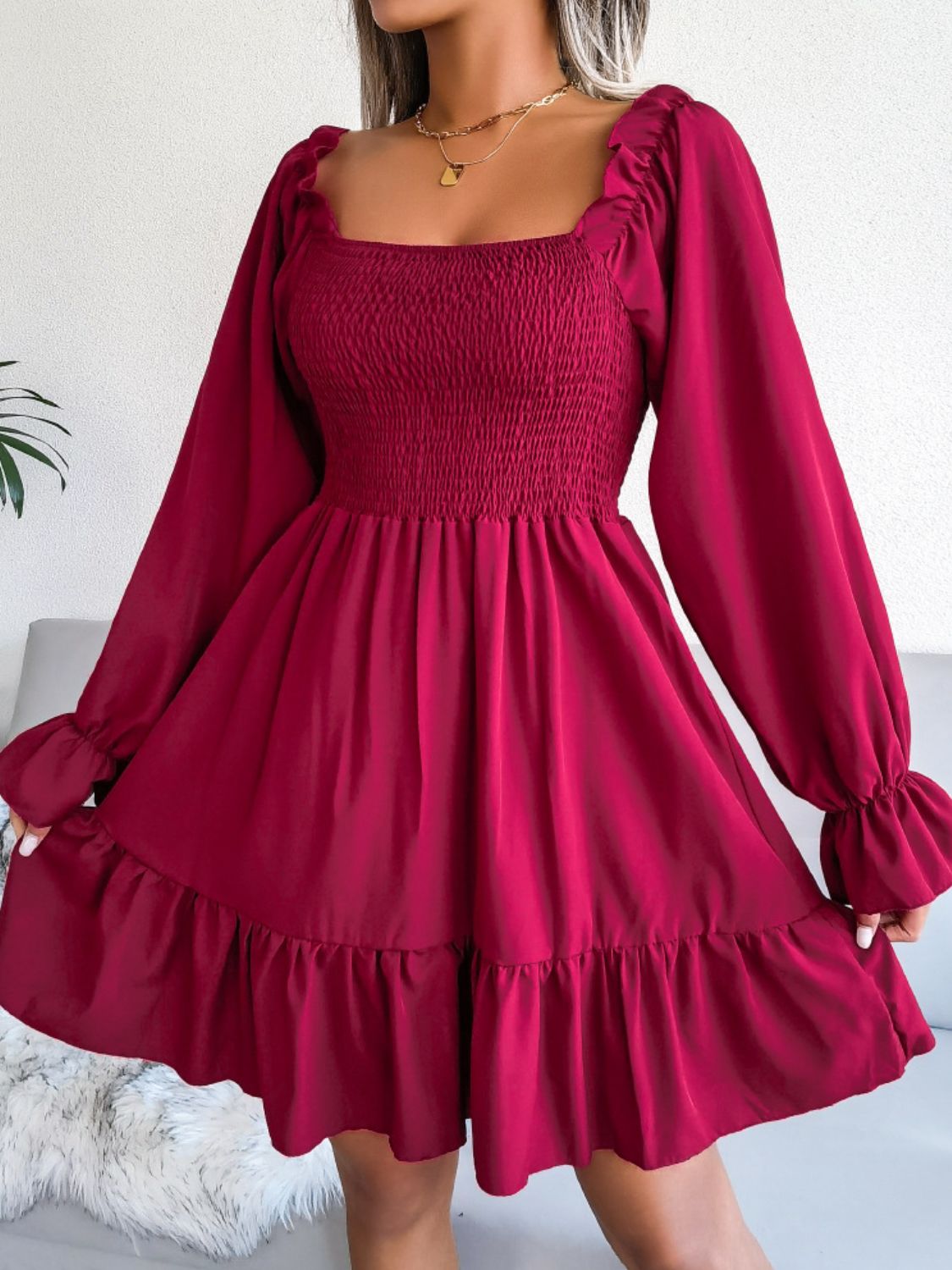 Hilary Smocked Flounce Sleeve Square Neck Dress (Copy)