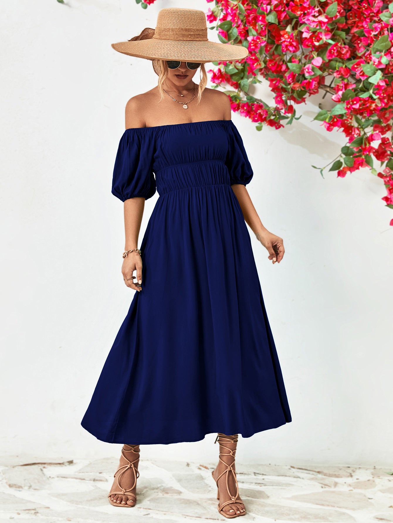 Nicola Off-Shoulder Balloon Sleeve Midi Dress (Copy)