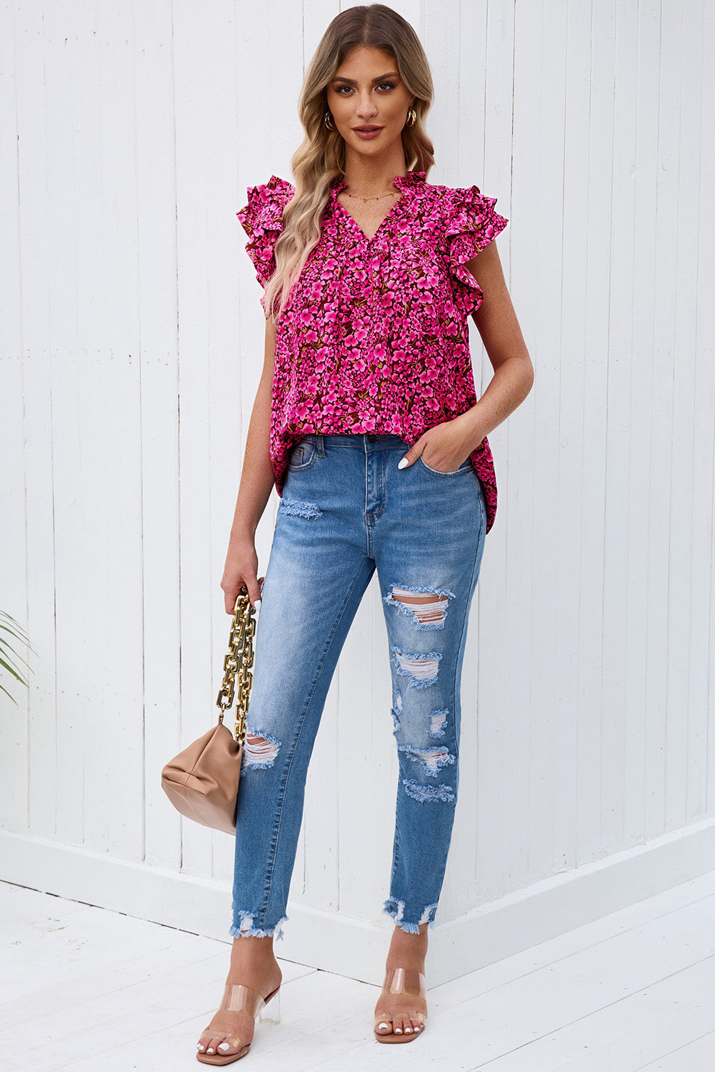Winnie Floral Flutter Sleeve Notched Neck Blouse (Copy)