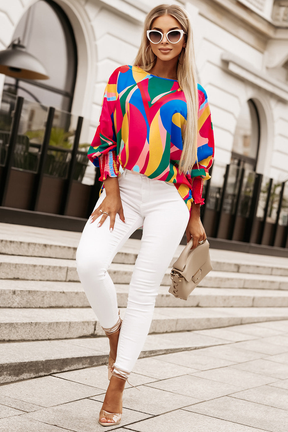 Andy Printed Round Neck Smocked Wrist Lantern Sleeve Blouse (Copy)