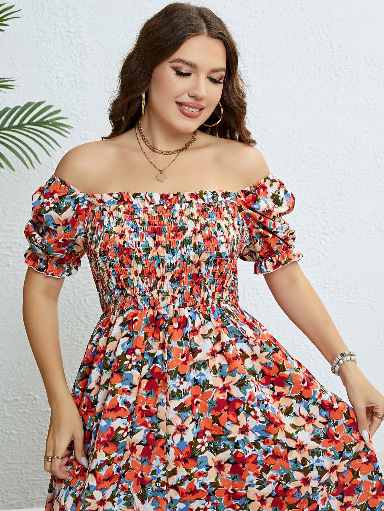 Gemma Plus Size Floral Smocked Square Neck Dress (Copy)