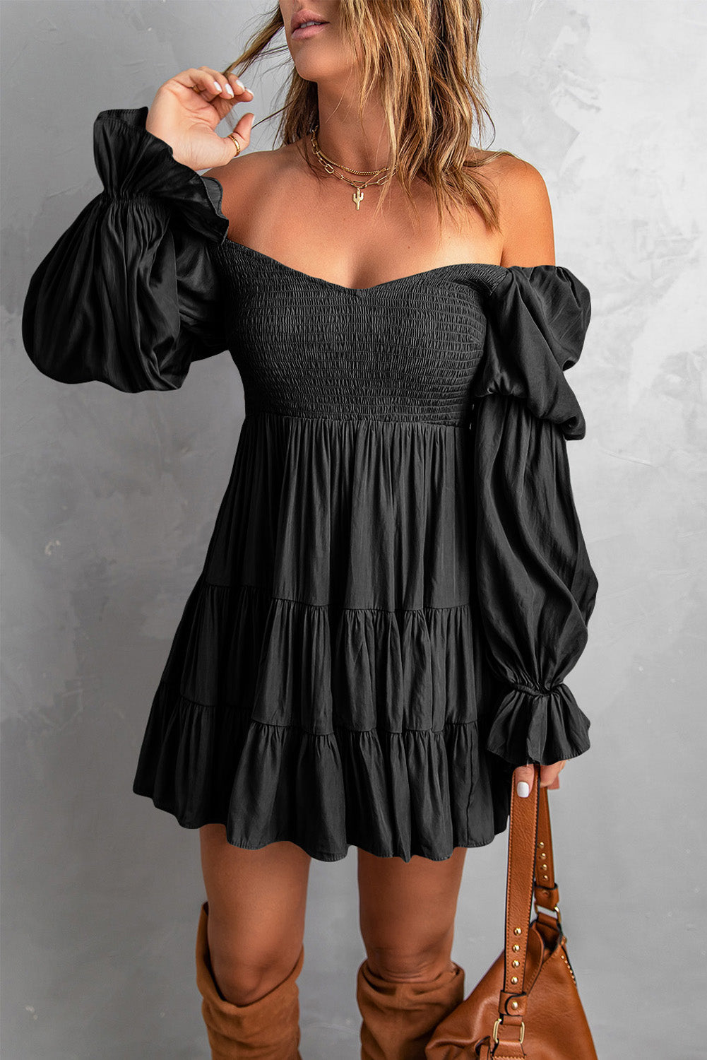 Bliss Smocked Off-Shoulder Tiered Mini Dress (Copy)