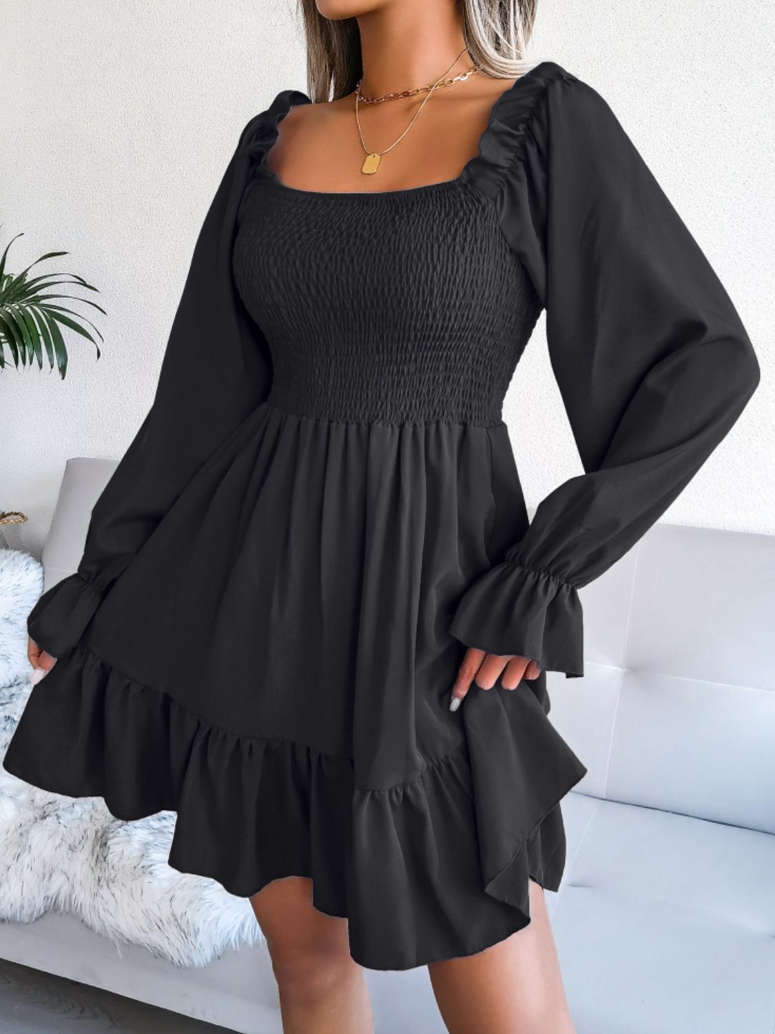 Hilary Smocked Flounce Sleeve Square Neck Dress (Copy)