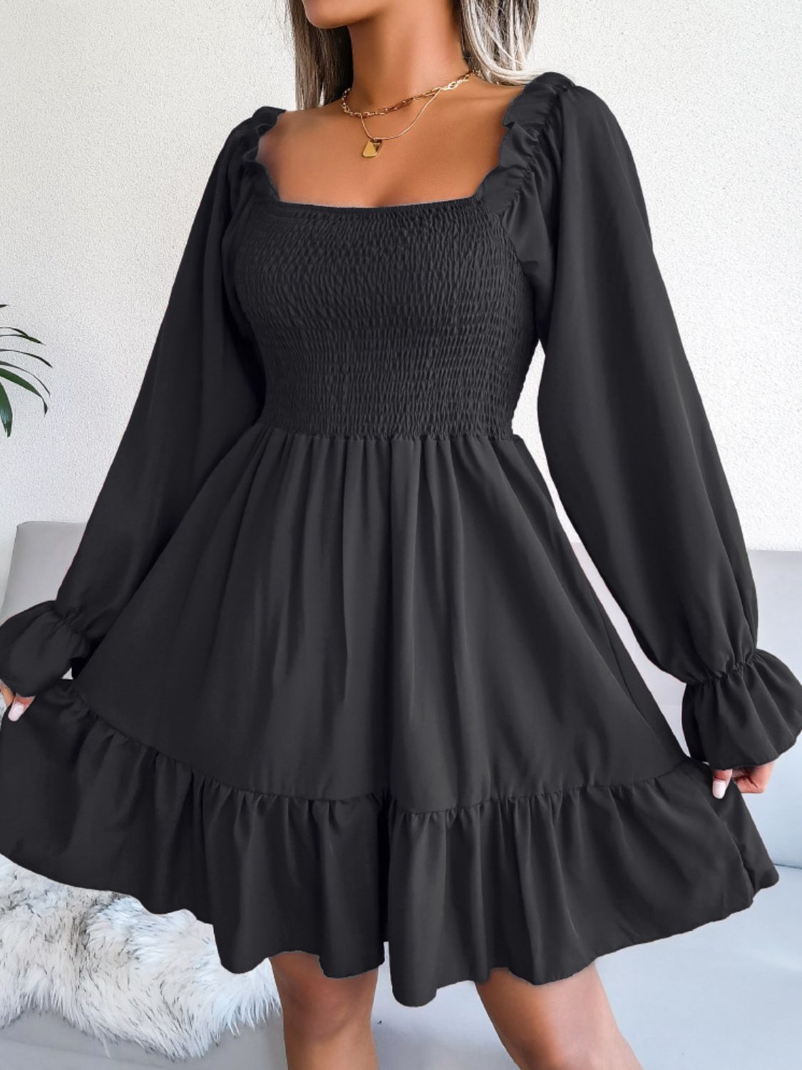 Hilary Smocked Flounce Sleeve Square Neck Dress (Copy)