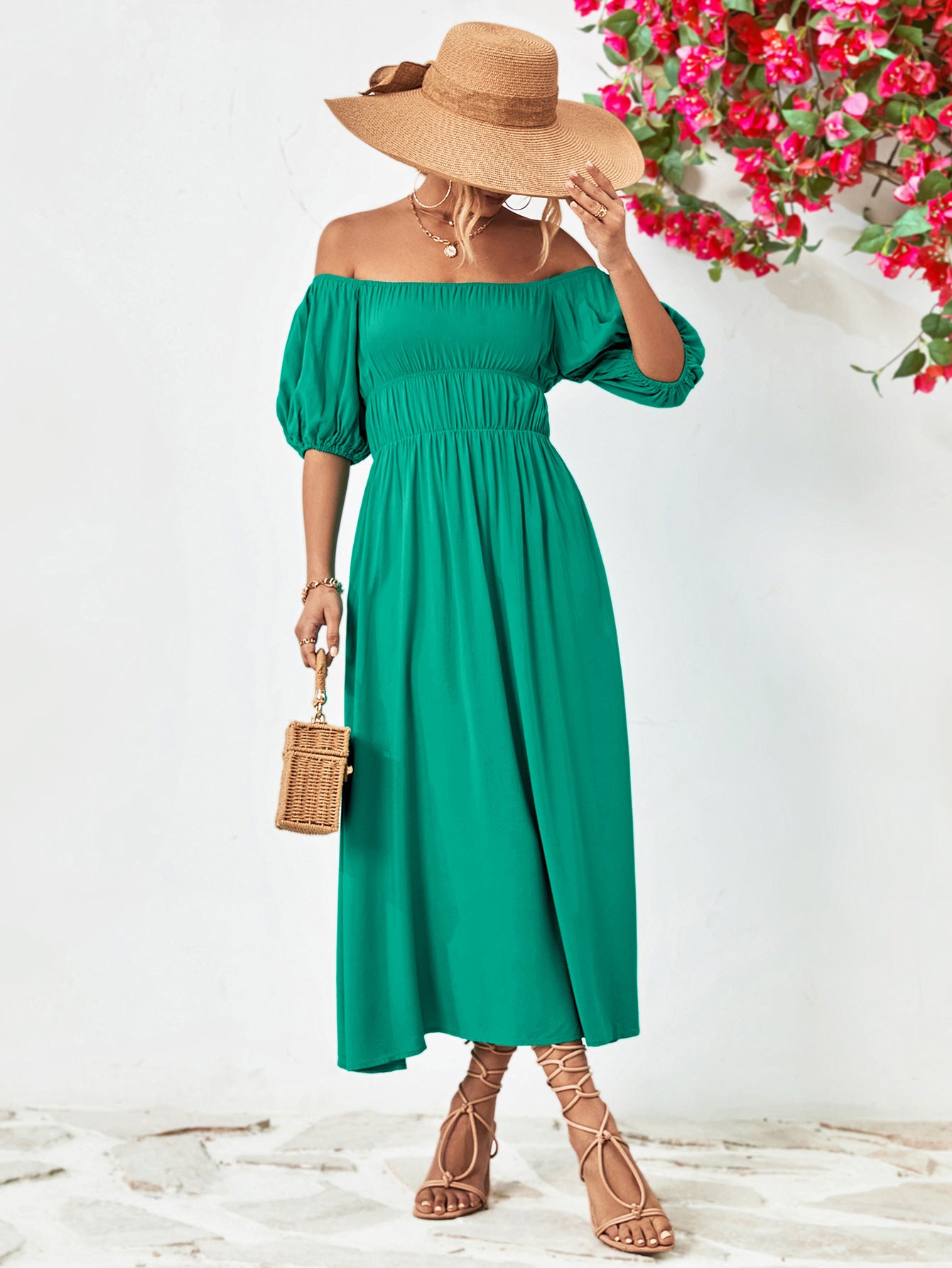 Nicola Off-Shoulder Balloon Sleeve Midi Dress (Copy)