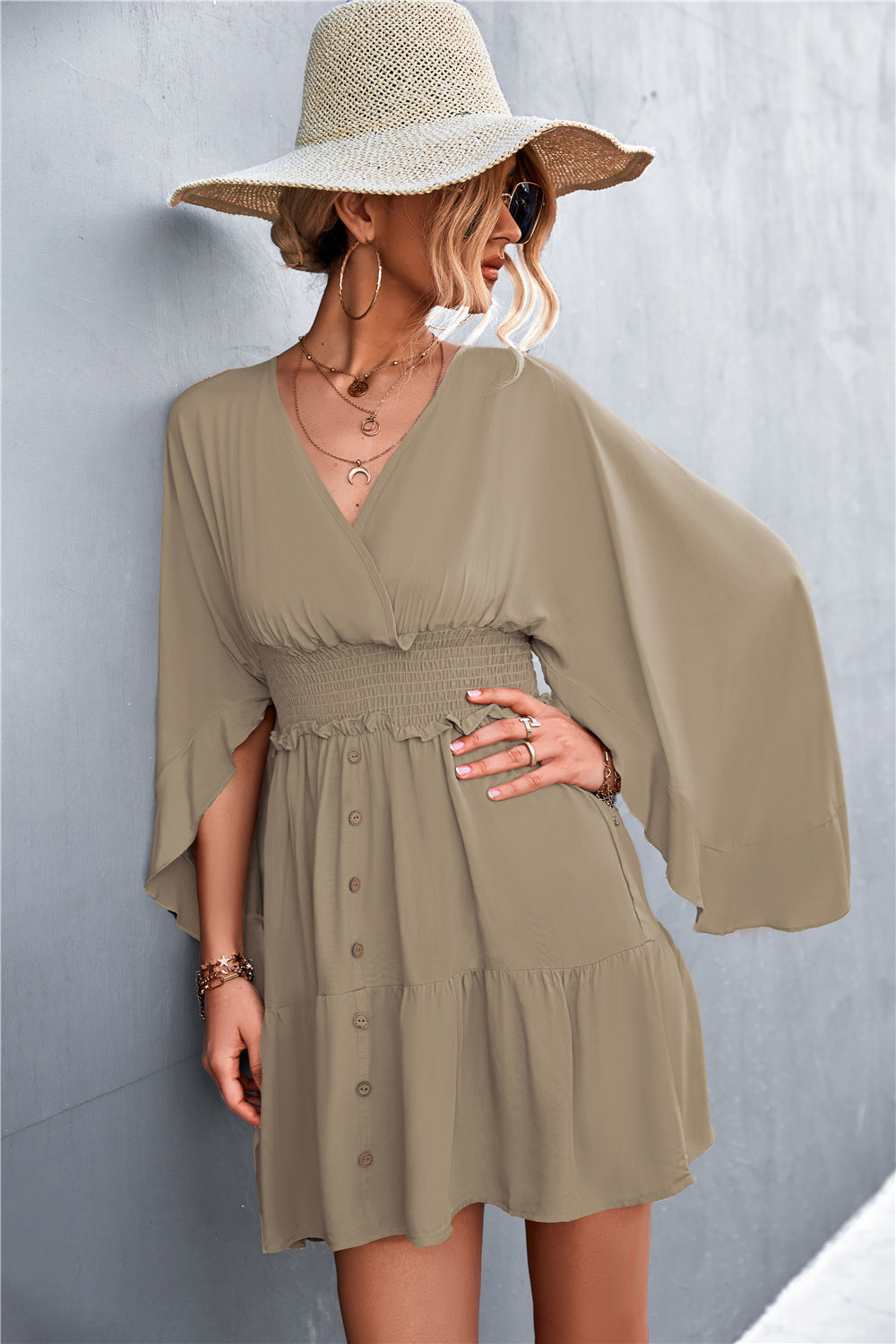 Hadley Decorative Button Smocked Waist Surplice Dress (Copy)