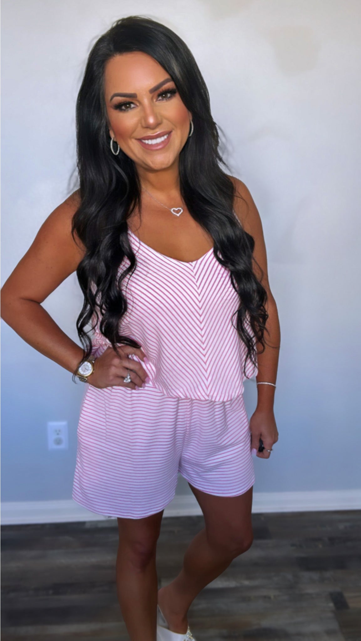 Waterfall Double Flare Striped Romper in Pink
