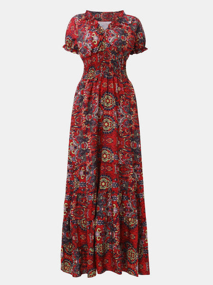 Lisbon Smocked Printed V-Neck Short Sleeve Dress (Copy)