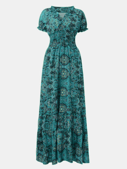 Lisbon Smocked Printed V-Neck Short Sleeve Dress (Copy)