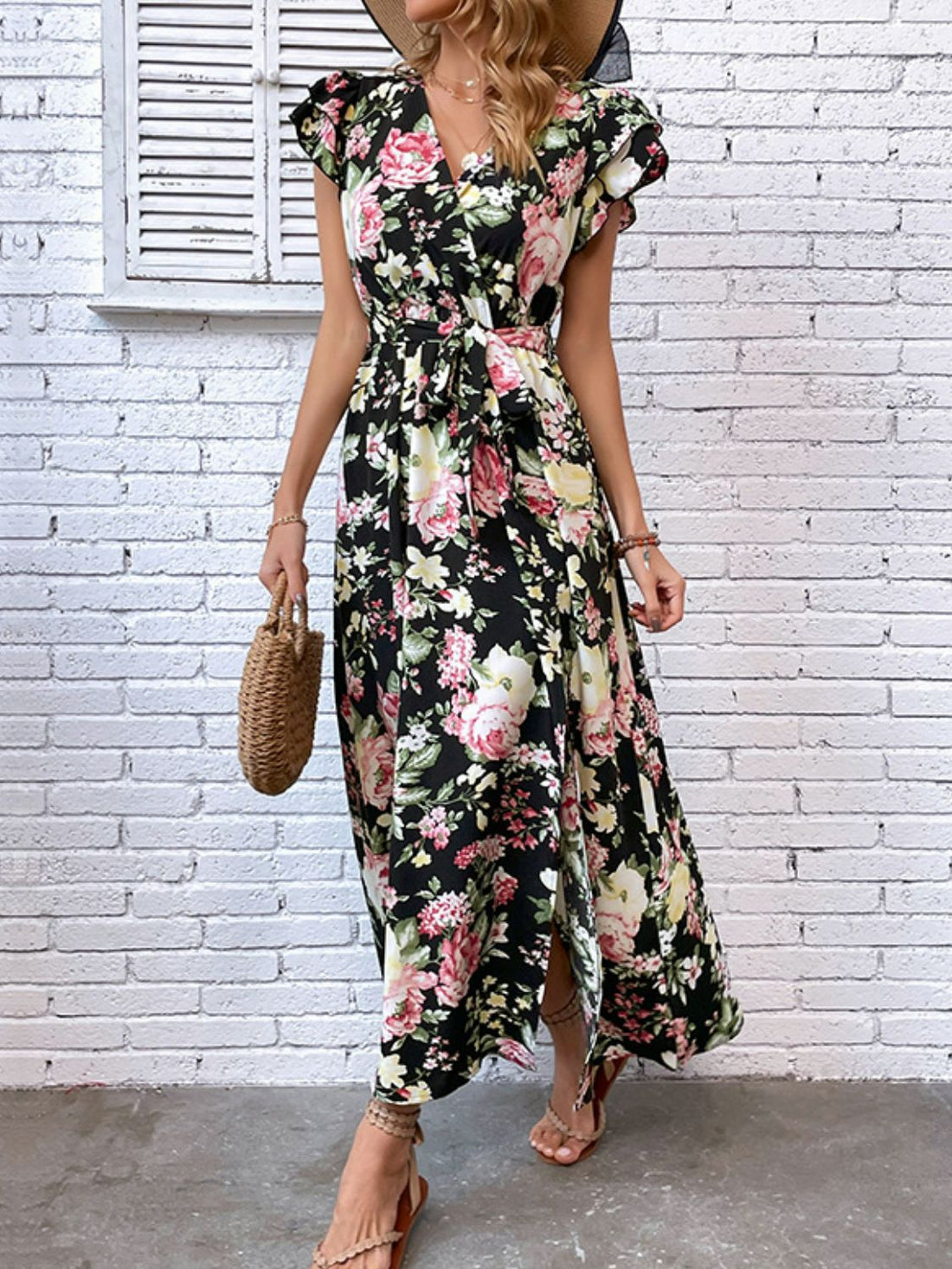 Falon Floral Flutter Sleeve Tie-Waist Split Dress (Copy)