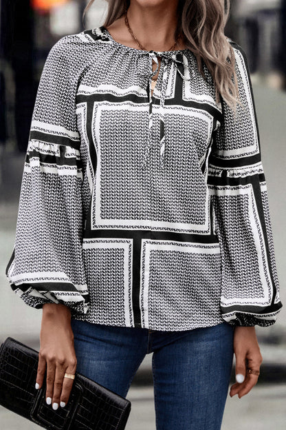 Gotham Printed Tie Neck Balloon Sleeve Blouse (Copy)