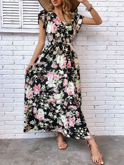 Falon Floral Flutter Sleeve Tie-Waist Split Dress (Copy)
