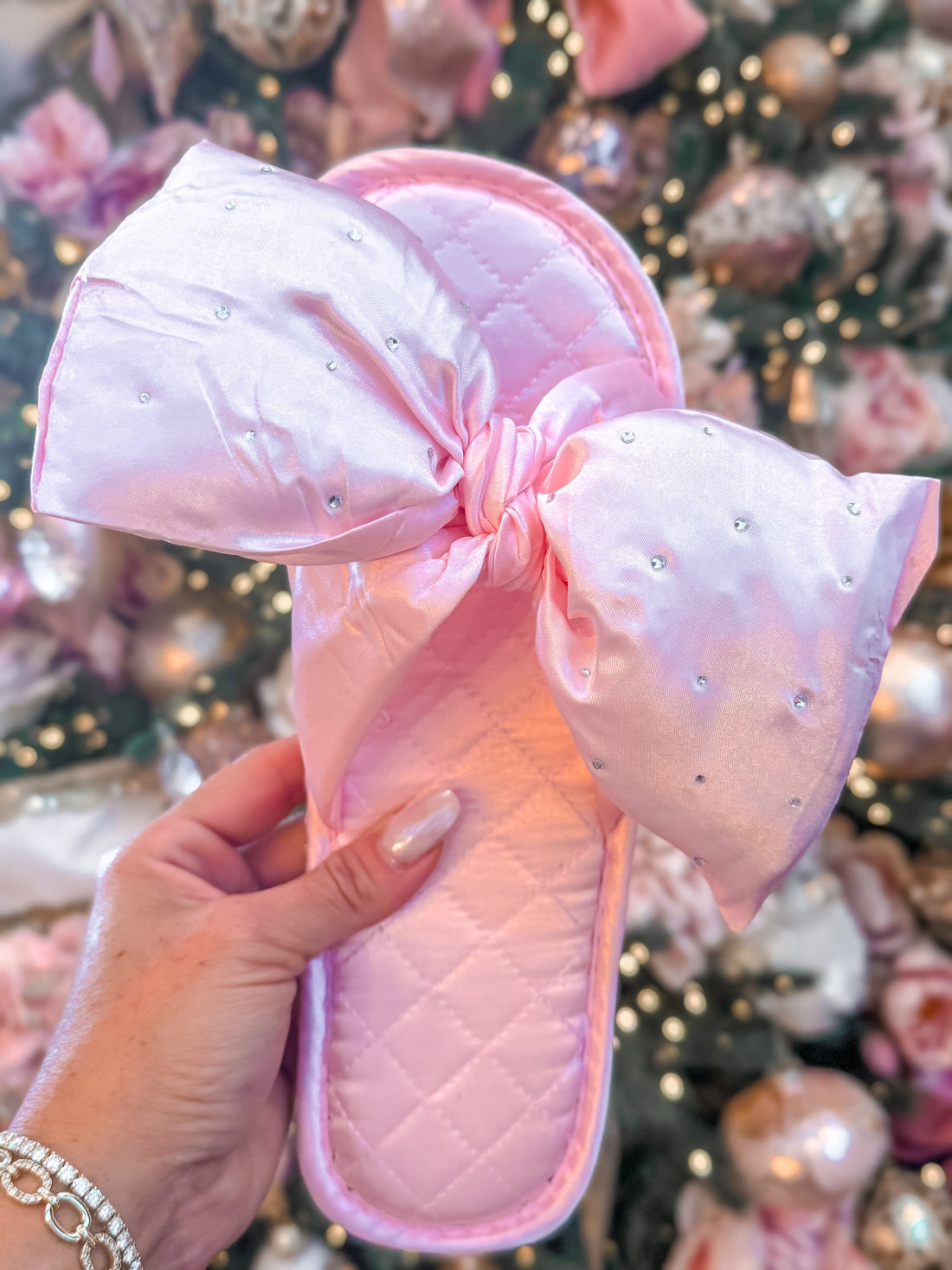 Satin Bow Slippers with Rhinestones