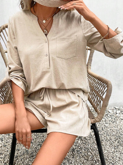 Botswana Notched Long Sleeve Top and Shorts Set (Copy)