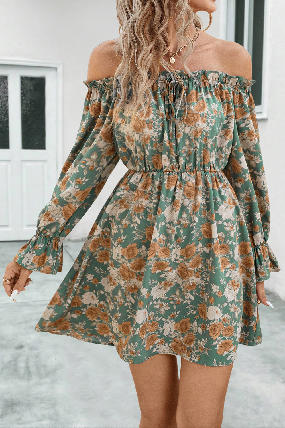 Faye Floral Off-Shoulder Flounce Sleeve Dress (Copy)