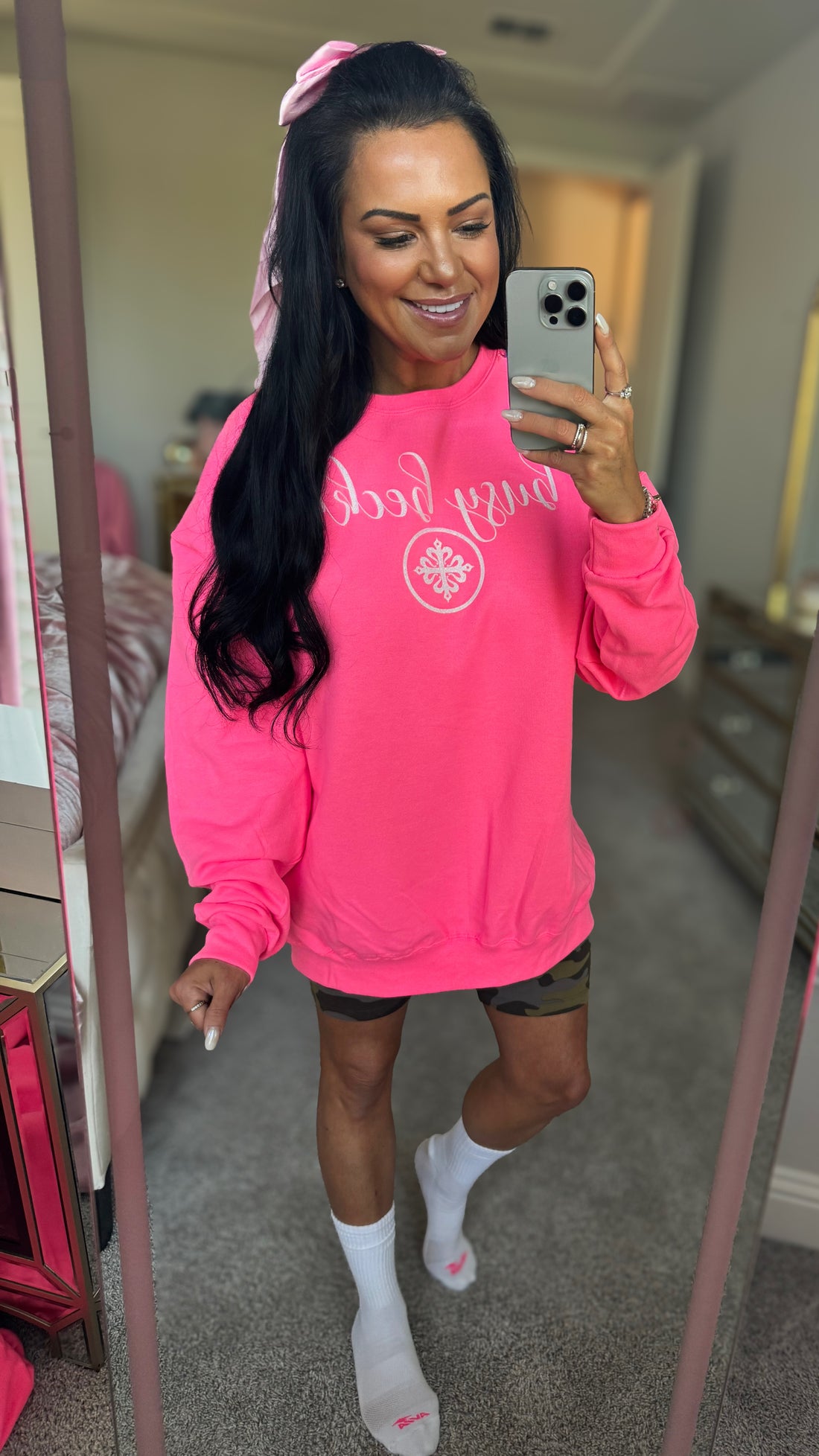 Busy Becka Custom Sweatshirt - Neon Pink &amp; White Glitter
