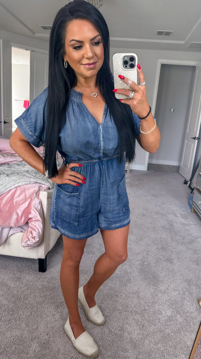 Melinda Notched Tie Waist Denim Romper (Copy)