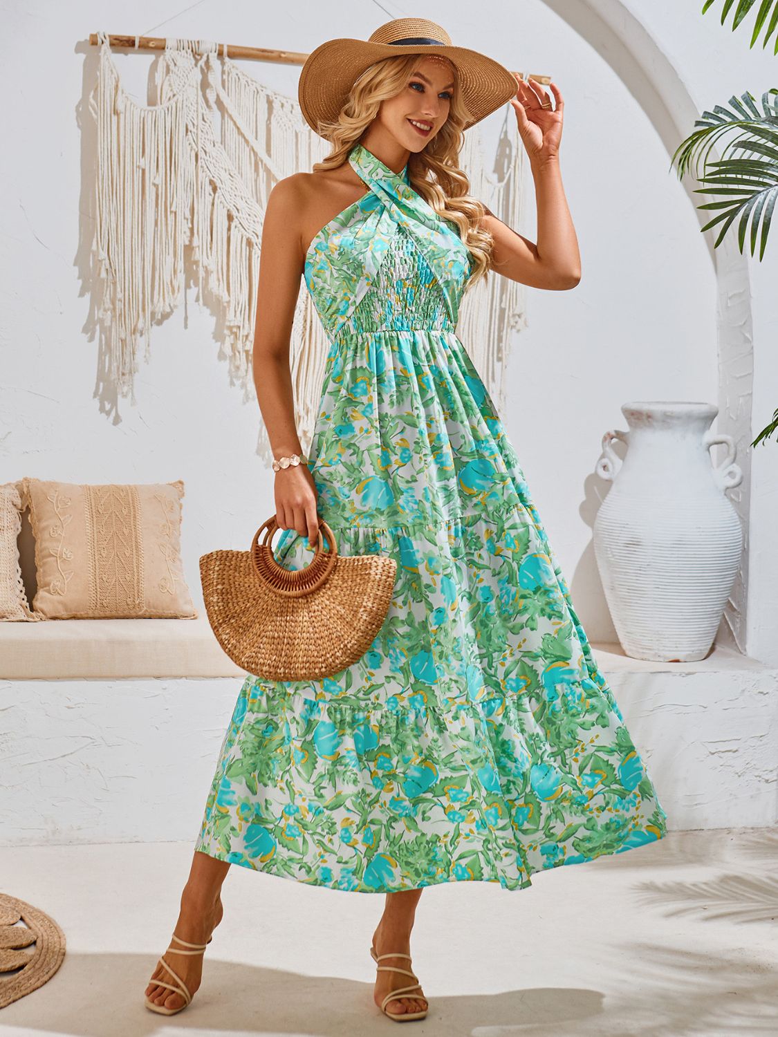 Spain Smocked Printed Sleeveless Dress